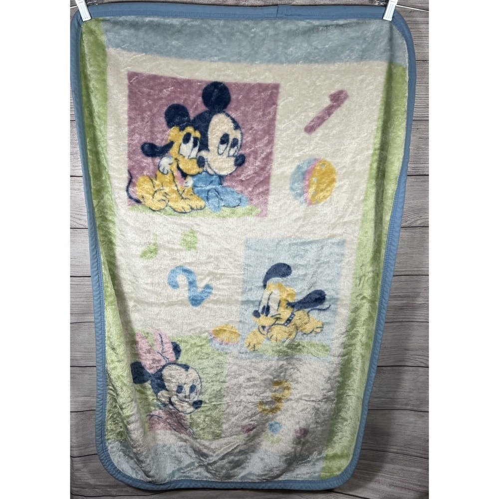 Vintage Disney Y2K Mickey Minnie Pluto Blue/Green Luxe Baby Mink Blanket  30X 43
